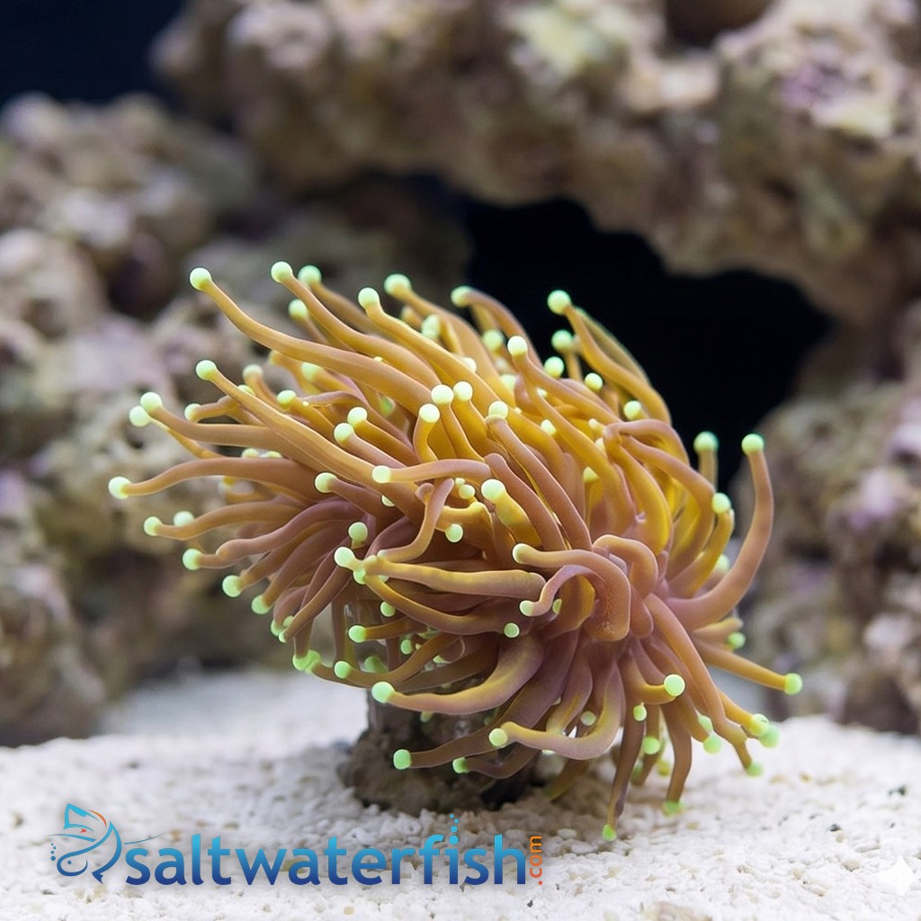 Torch Coral: Gold w/ Green Tips - Aquacultured