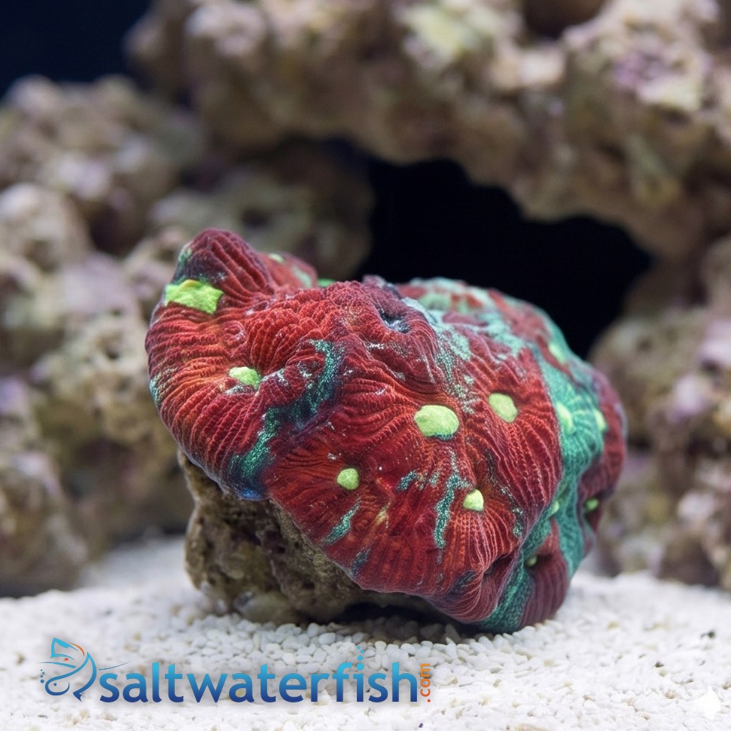 Favia Brain Coral: Green Red Splatter - Aquacultured