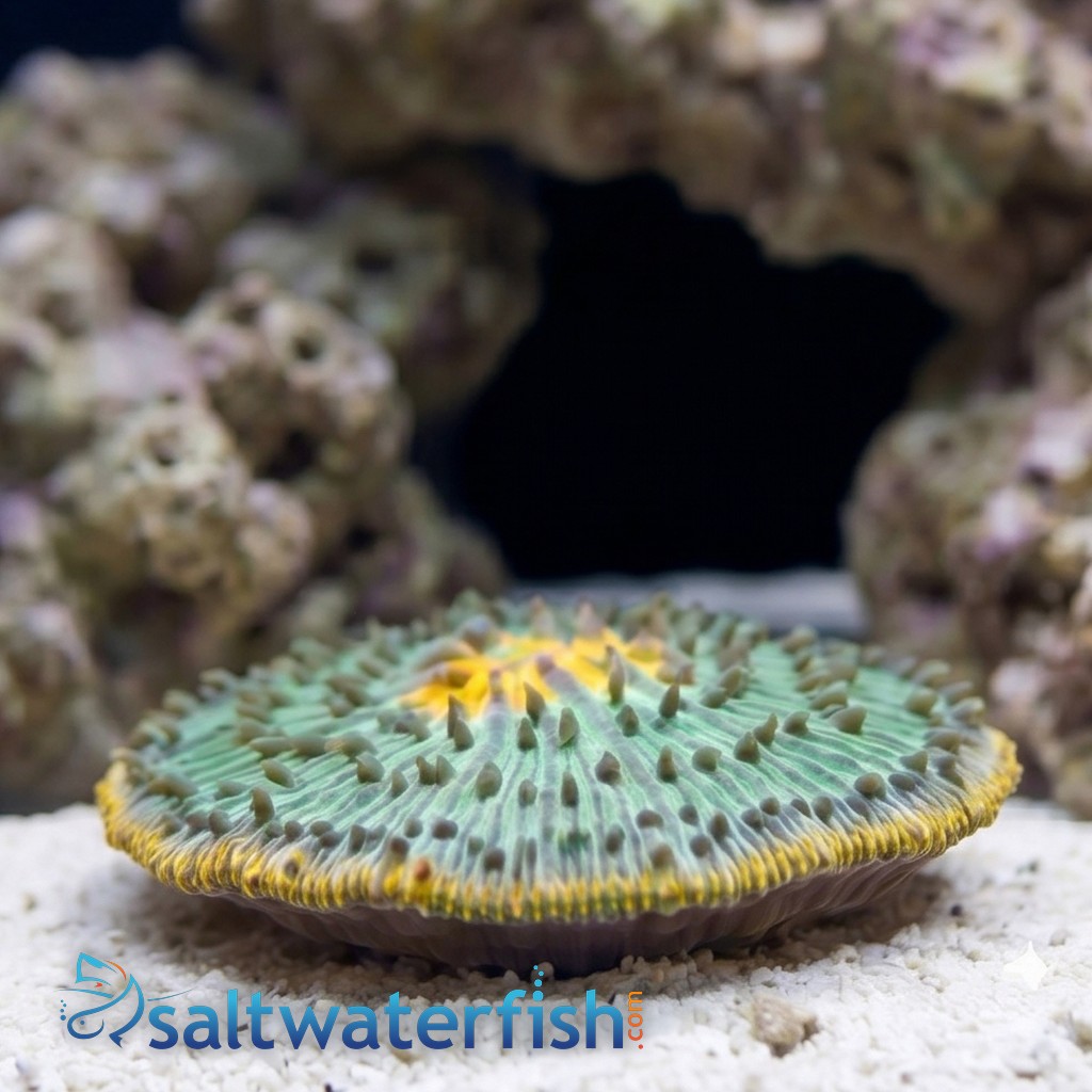 Fungia Plate Coral: UFO Green w/ Orange Rim 