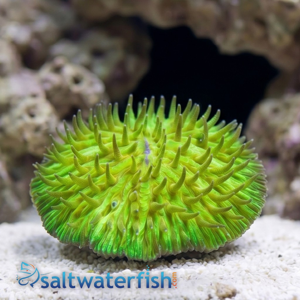 Fungia Plate Coral: "Sunset" Orange w/ Green Polyps  