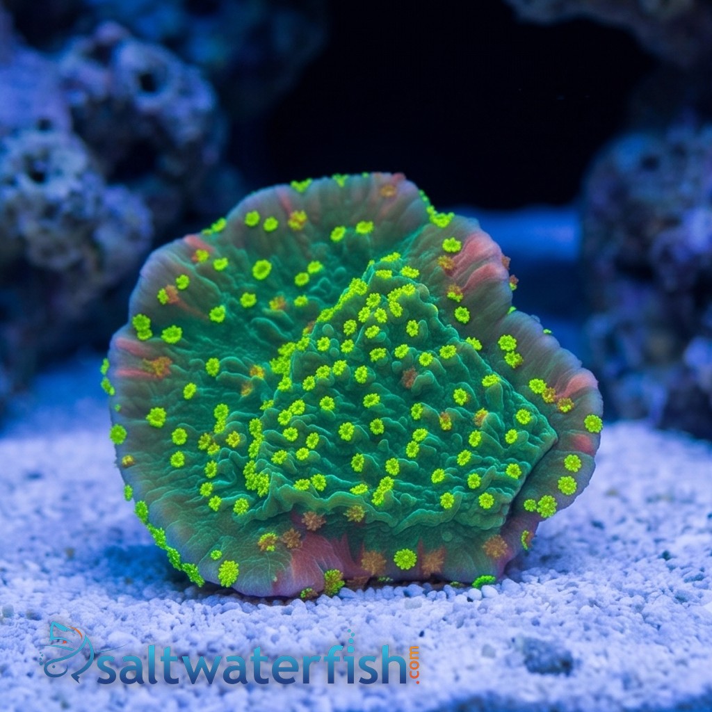 Plating Montipora Coral : Green/Red w/Yellow polyps - Aquacultured
