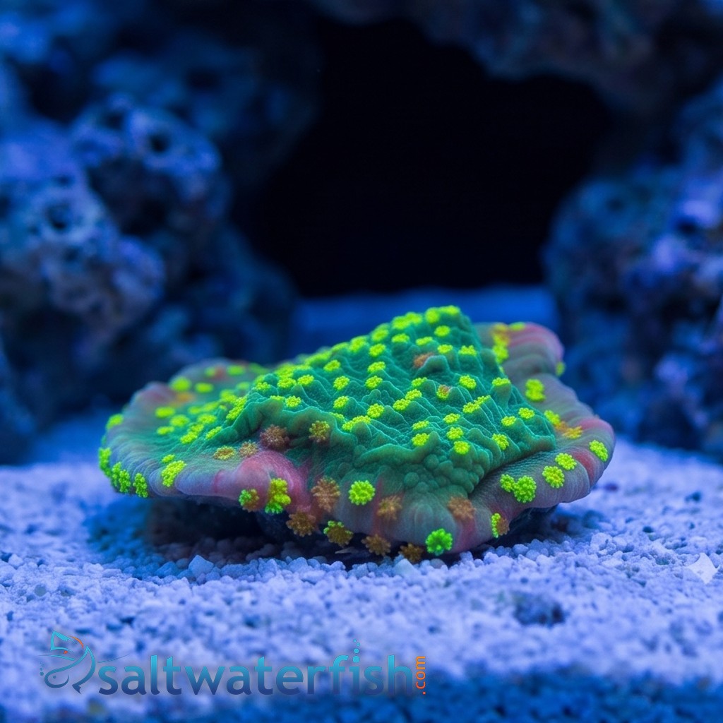 Plating Montipora Coral : Green/Red w/Yellow polyps - Aquacultured