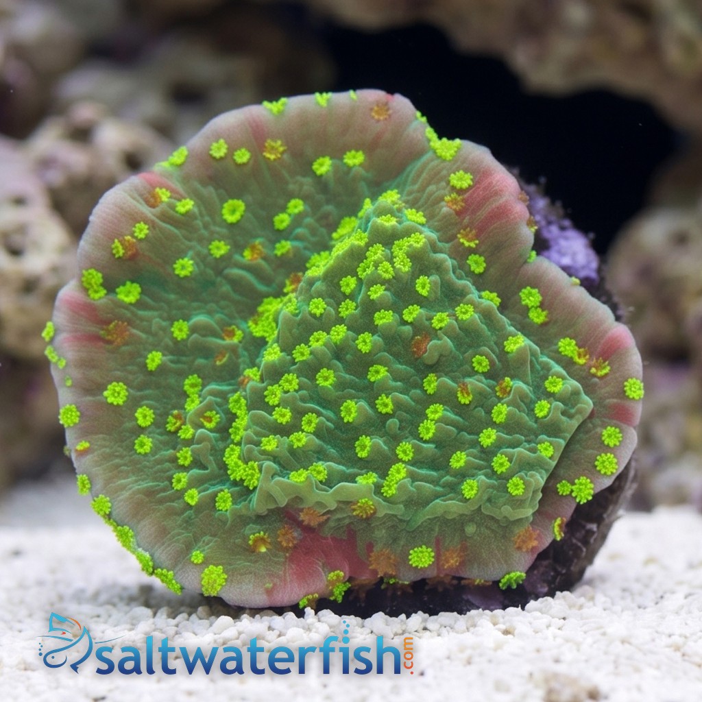 Plating Montipora Coral : Green/Red w/Yellow polyps - Aquacultured