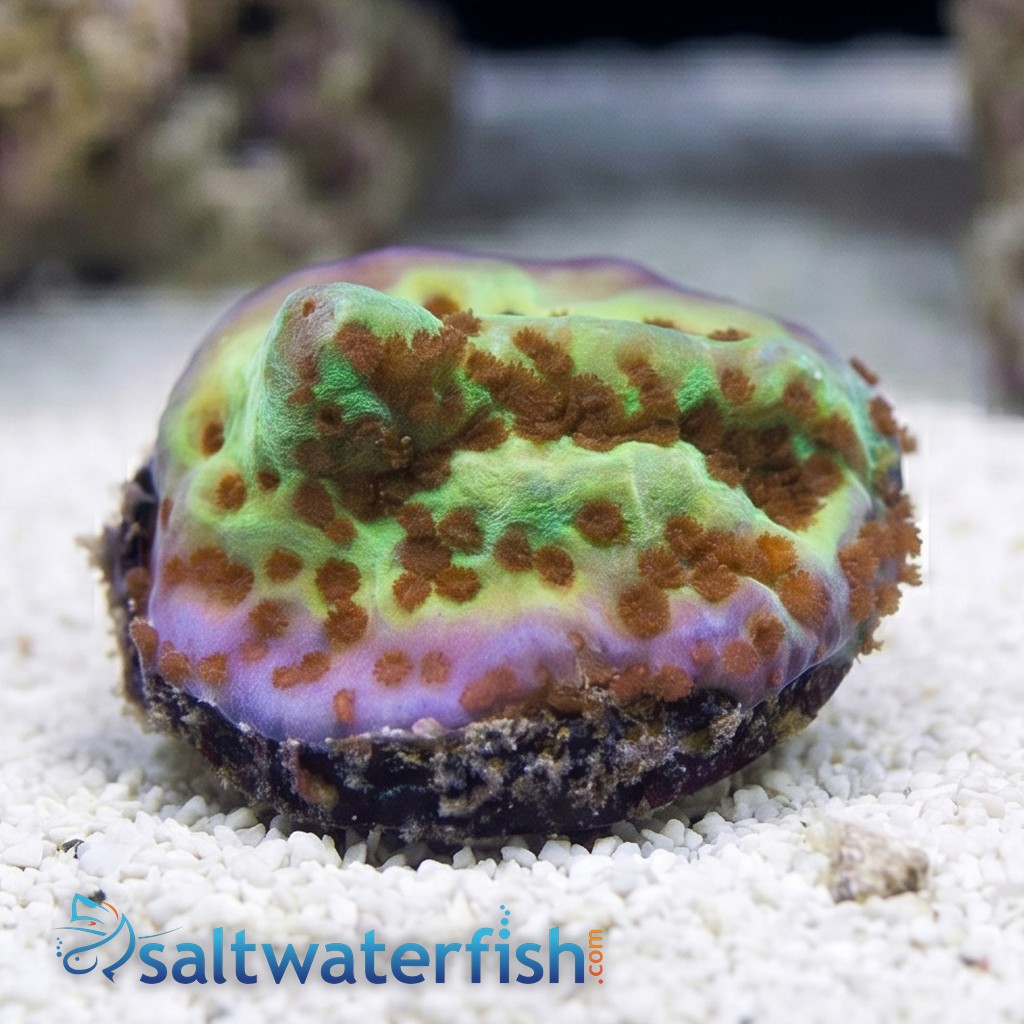 Encrusting Montipora: "Jedi Mind Trick" Green w/ Orange Polyps - Aquacutured